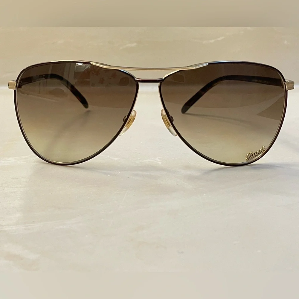 Auth EUC Gucci LOGO Aviator Sunglasses Gold HW tortoise brown gradient lenses - Picture 2 of 15